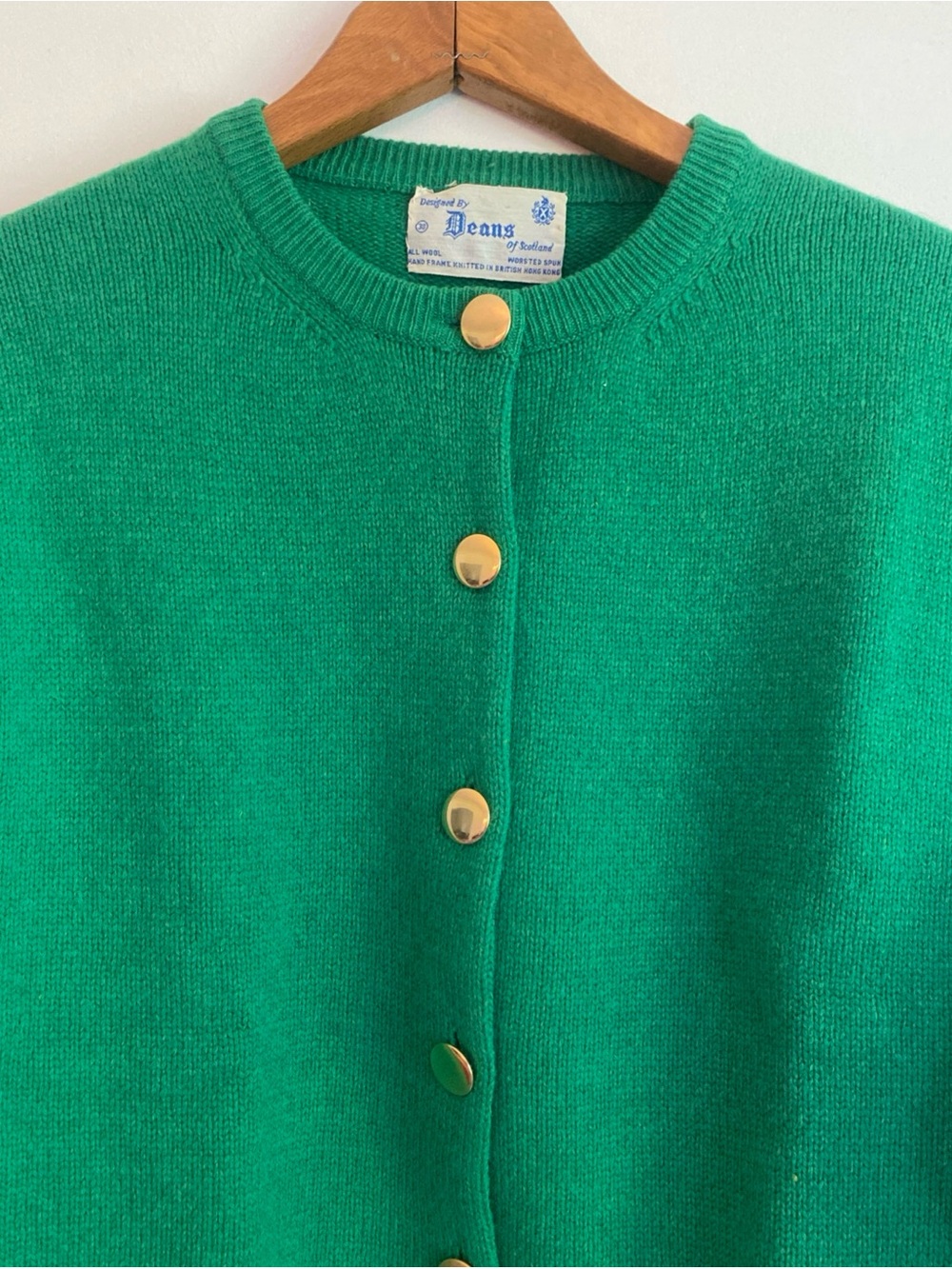 Emerald Green Gold Button-Front Cardigan with Patch Pockets Vintage Deans Wool - Picture 5 of 8